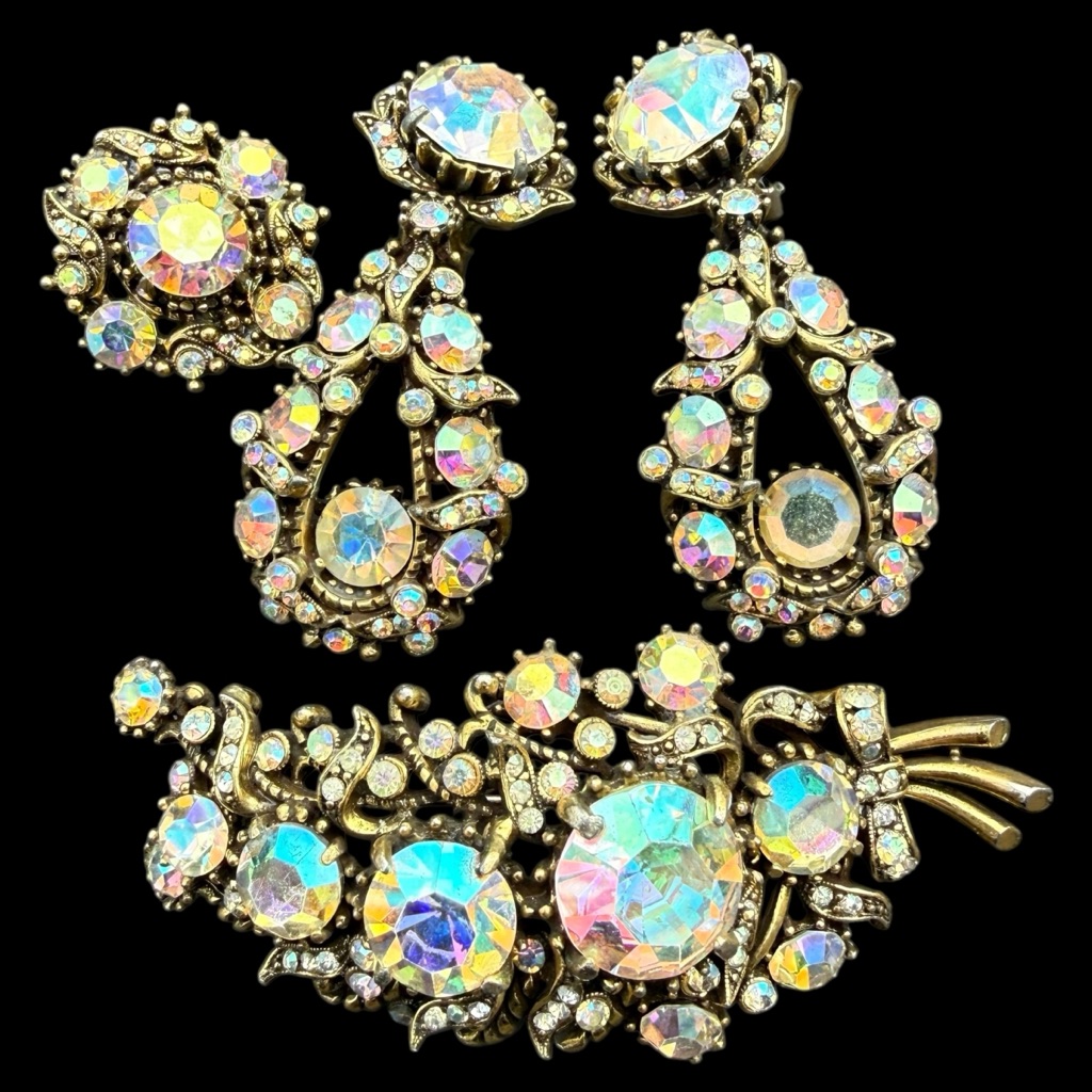 1958 Large Hollycraft Ab Rhinestone Chandelier Dangle Drop Earrings Brooch Set 245$